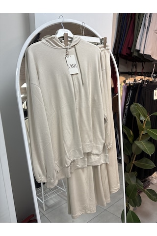 Nirva Butik Kapşonlu Fermuarlı Takım Pantolon Etekli Owrl Krem