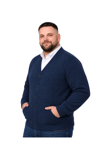 Battalmoda Erkek Büyük Beden İndigo Cepli Düğmeli Triko Hırka 3xl-4xl-5xl-6xl