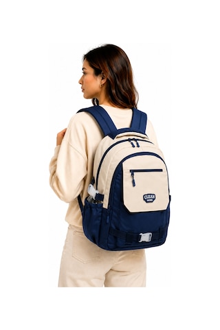 Çok Bölmeli Bej-lacivert Okul Sırt Çantası Unisex Okul Çantası 26011