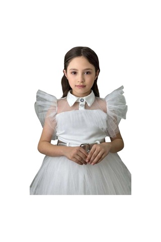 Ricctarz Kız Çocuk Gömlek Yaka Göğsü Ve Kolları Tül Detaylı Wednesday Beyaz Elbise Beyaz