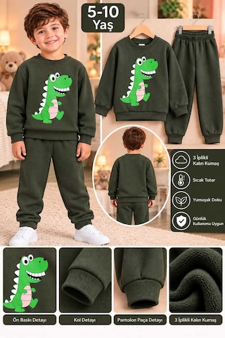 Üç Gül Ticaret Erkek Çocuk Dinozor Desenli 3 İplik Eşofman Takımı Haki Haki