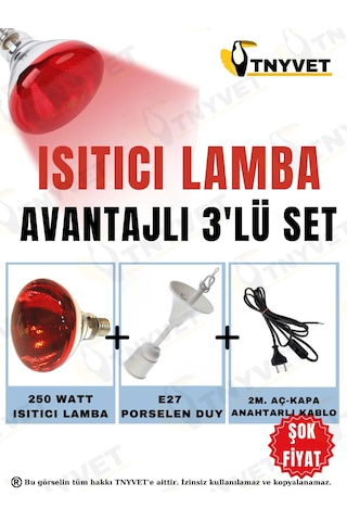 Tnyvet Isıtıcı Lamba 250 Watt + E27 Seramik Duy+2m Fişli Kablo Av