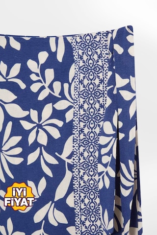 Kadın Mavi Regular Fit Desenli Keten Midi Boy Etek , Kadın Etek Mavi