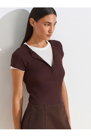 Dilvin 31783 Çift Katlı Düğmeli T-shirt-kahve Kahve