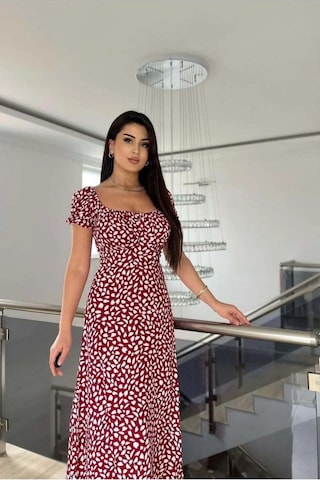 Veraura Lifestyle Kadın Kare Yaka Kemerli Midi Elbise Çok renkli