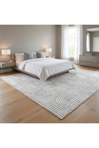 Açık Gri Modern Geometrik Desenli Dijital Baskılı Kaymaz Tabanlı Yıkanabilir Antibakteriyel Halı Açık Gri