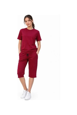 Defymoda Alt Üst Takım İki İplik Kumaş Bisiklet Yaka Tişört Cepli Diz Altı Şort - Bordo
