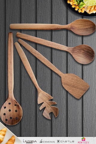Doğal Ceviz Ağacı Ahşap Tahta Kaşık Seti Ağaç Kaşık 5li Set 15 Ahşap