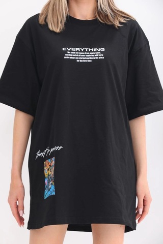 Novalisse Kadın Bisiklet Yaka Baskılı Oversize T-shirt - Siyah Çoklu Renk