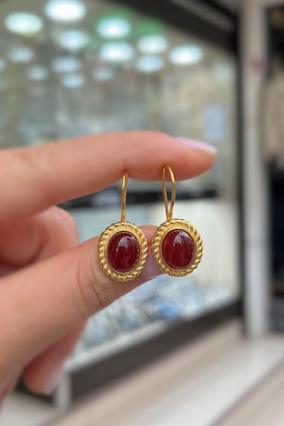 Gümüş Sallantılı Akik Taşlı Altın Kaplama Küpe Hs853b2 Sarı
