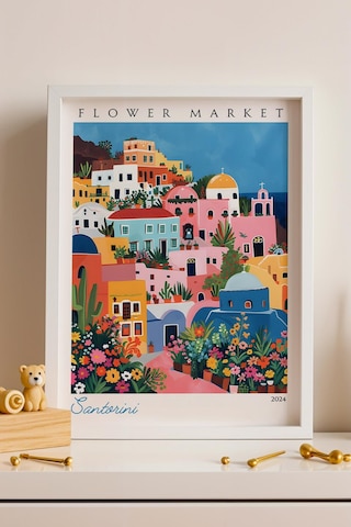Santorini Yunanistan Çerçeveli Tablo Seyahat Severlere Salon Ve Ofis İçin Estetik Duvar Dekoru Travel Flower Market