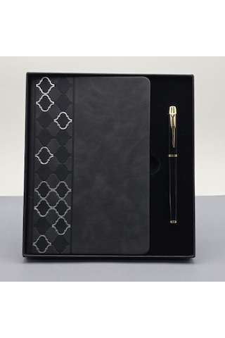 Desenli Siyah Deri Defter Kalem Set