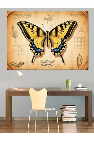 Swallowtail Butterflies Sarı Kırlangıç Kuyruklu Kelebek Eskiz Fonlu Dekoratif Kanvas - Mdf Ahşap Tablo