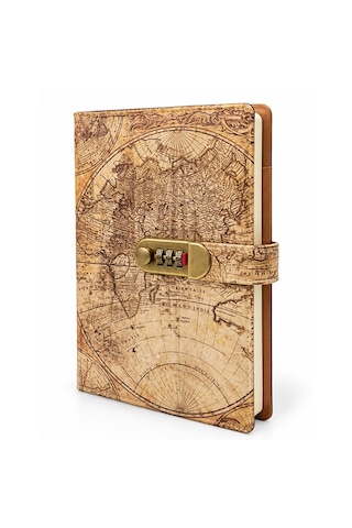 Şifreli Vintage Dünya Haritası Desenli Defter 22x15 Cm Kilitli Günlük Ve Not Defteri Çok Renkli