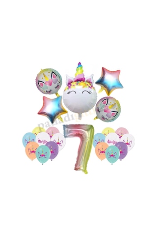 7 Yaş Gökkuşağı Konsepti Unicorn Temalı Doğum Günü Parti Kutlama Seti