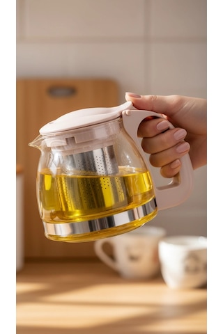Renkli Süzgeçli Cam Demlik 700 Ml -bej Çok Renkli