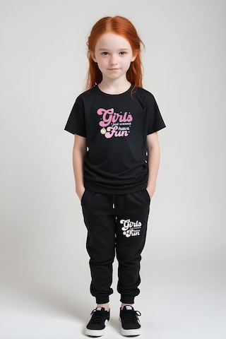 Fyk Kids Kız Çocuk Yuvarlak Yaka Baskılı Girls Fun Alt-üst Pijama Takımı Siyah