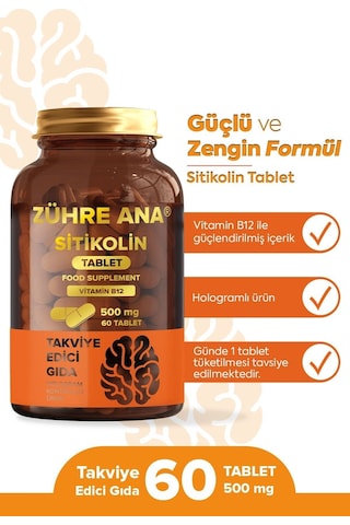 Zühre Ana Sitikolin ve Vitamin B12 İçeren Takviye Edici Gıda 60 Tablet