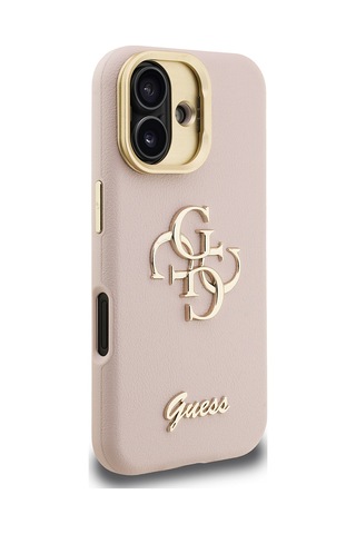Apple Uyumlu iPhone 16 Kılıf Guess Lisanslı Grained Yazı Logolu Kamera Standlı Kapak Pembe