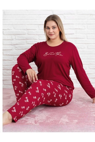 Pijamoni Kadın Milan Büyük Beden Bisiklet Yaka Uzun Kol İnce Pijama Takımı 7666/29 - 1 Adet Kırmızı