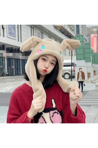 Sevimli Hareketli Kulaklı Kadınlar İçin Yumuşak Tavşan Desenli Peluş Kış Şapkası Sarı