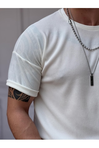 Modefendi İnce Fitil Desenli Tshirt Beyaz