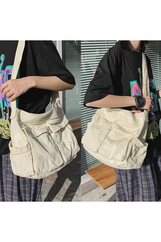Xianwen Büyük Tuval Messenger Çantası Çok Cepli Hobo Çapraz Beyaz
