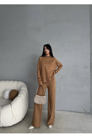 Kadın Kapüşonlu Çizgi Detaylı Triko Alt-üst Takım Camel