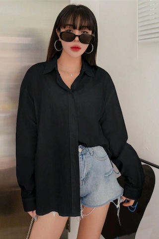 Tarz Cool Oversize Basic Uzun Kollu Gömlek Siyah