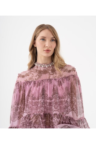 Dantel Desenli Katlı Şifon Volanlı Bluz Mor