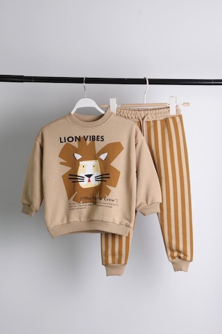 Lolliboomkids Erkek Çocuk Ormanlar Kralı Aslan Desenli Kışlık 3 İplik Pamuklu Sweatshirt Çizgili Eşofman Alt-üst Takım Taş