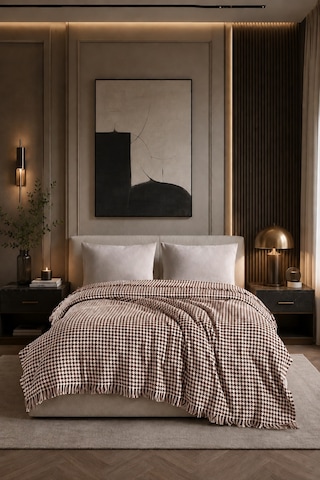 Çift Kişilik Pike Kazayağı Desenli Dekoratif Yatak Örtüsü 200x220 Cm Kahverengi