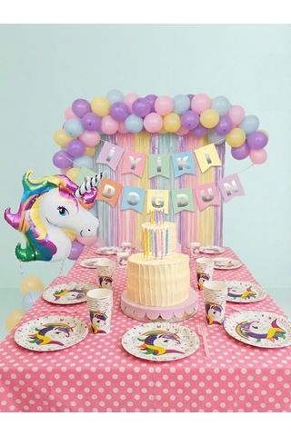 Unicorn Doğum Günü Premium Set Makaron Balon Seti 65 Parça + Banner + Unicorn Balon Çok Renkli