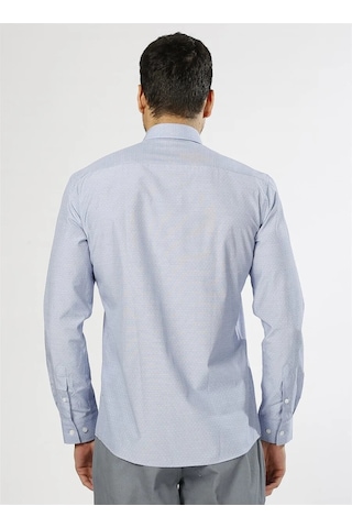 Fabrika Slim Fit Klasik Pamuklu Gömlek İtalyan Yaka Desenli Gömlek Mavi