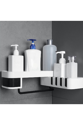 Hombey Duvar Monteli Dönerli 2 Katlı Depolama Rafı - Banyo/mutfak İçin Deliksiz Kurulum, Su Tüpü Ve Gizli Kanca Özellikli Plastik Organizer Beyaz - Siyah