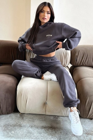 Fetch Eşofman Takımı Sweatshirt Jogger - Füme Baskılı Oversize Şardonlu Kapüşonlu Gri