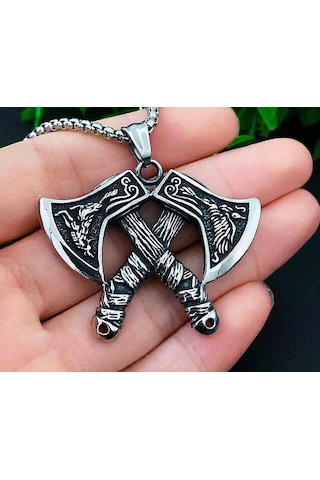 Nordic Mitoloji Viking Çift Balta Kolye Paslanmaz Çelik Erkek Kolye Gümüş