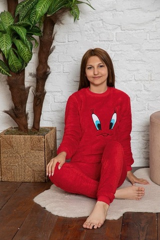 Civciv Desenli Anne Kız Çocuk Kombin Peluş Pijama Takımı Anne Kız Ayrı Satılır. Kırmızı