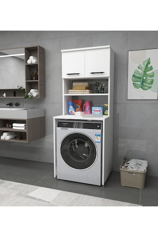 Enda Home 3 Raflı Kapaklı Çamaşır Makinesi Banyo Dolabı Beyaz