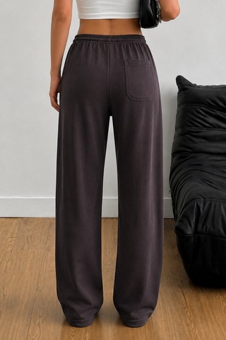 Tarz Cool Kadın Keten Karışımlı Regular Fit Beli Lastikli Bağcıklı Yüksek Bel Günlük Pantolon Kahverengi