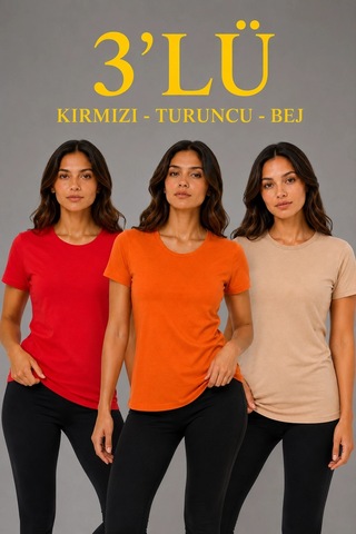 Alfanora Kadın 3 Lü Kısa Kollu Bisiklet Yaka Basic Slim Fit T-shirt - Kırmızı - Turuncu - Bej Çok Renkli