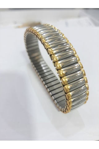 Çelik Bileklik Metal Düz Elastik Model 1 Cm Genişlik 18 Cm Uzunluk Ortası Gümüş Kenarı Gold Altın - Gümüş