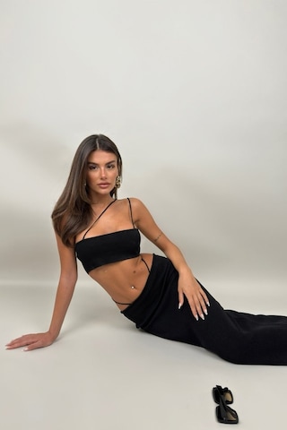 İp Detay Dokulu Maxi Etek Siyah