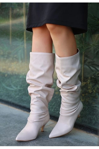 Zelya Bej Cilt Topuklu Çizme Bej