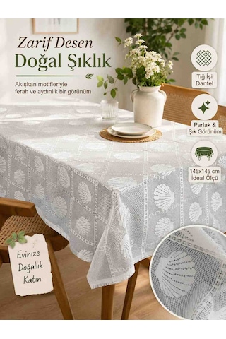 English Home Tığ İşi Dantel Masa Örtüsü 145x145 Cm Deniz Kabuğu Desenli Beyaz
