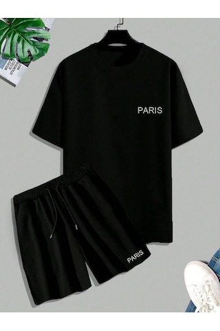 Unisex Oversize Paris Baskılı Siyah Bisiklet Yaka T-shirt Şort Siyah