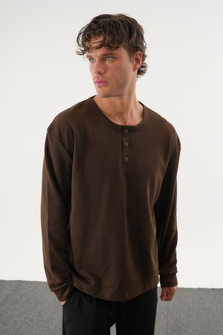 Redline Taren Oversize Erkek Kışlık Düğmeli Sweatshirt Kahverengi