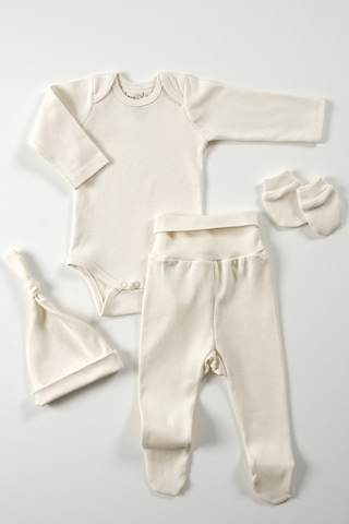 Tinylamb Pure 4 Parça Bebek Uzun Kollu Pamuk Bodysuit Pijama Takımı Yenidoğan Mini Set Çocuk Hediye Seti Bej