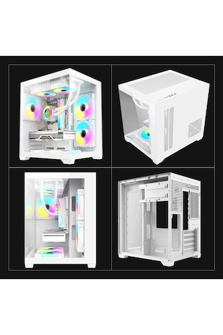 Atheron Eagle Panoramik Micro Atx Gaming Kasa 3x120mm Argb Fan 9 Port Pwm Argb Kontrolcü Temperli Cam Beyaz