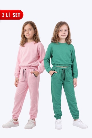 Panios Kids 2'li Yuvarlak Yakalı Beli Lastikli Crop Kesim 4 Parça Kız Çocuk Alt Üst Eşofman Takımı Pembe-yeşil